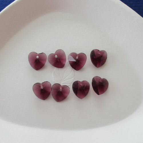 8 perles en verre en forme de cœur  de couleur prune - 10 mm - 3943370f