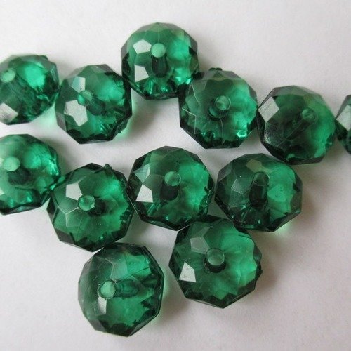 12 perles plastique forme palet  à facettes de couleur verte - 12 mm - 1630886