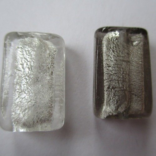 2 perles rectangulaires en verre métallisées 1 blanche et 1 grise - 18 mm - 1660881
