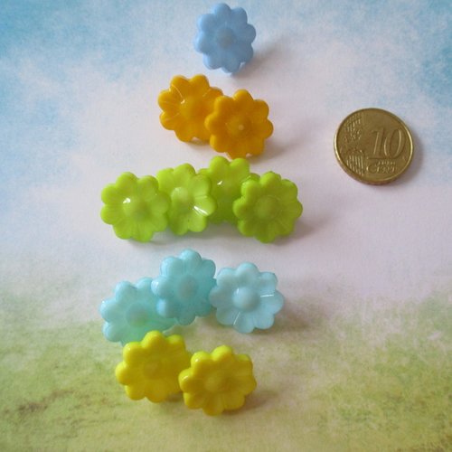 10 boutons plastique sur pied en forme de fleur multicolore tons bleu jaune -  14 x 7  mm - 2543159