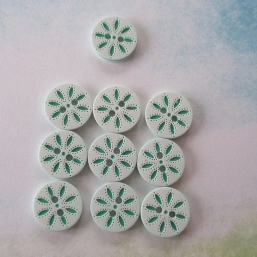 10 petits boutons ronds à dessins de fleur verte - 13 mm - 2572025