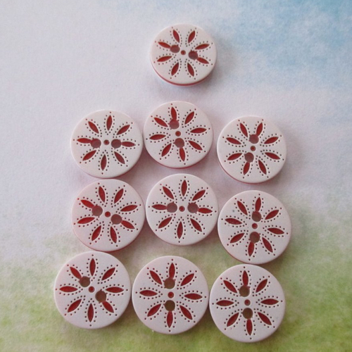 10 petits boutons ronds à dessins de fleur rouge - 13 mm - 2572026