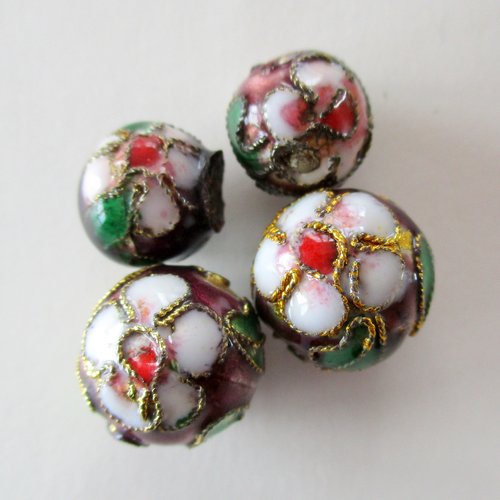 4 perles brunes à fleur en métal cloisonné de deux tailles - 10 et  12 mm - 3725772