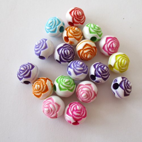 18 perles plastiques arrondies avec dessin de fleur  - 10 mm - 3465903