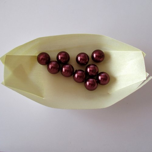 10 perles ronde en verre nacré de couleur rouge prune - 12 mm - 3729469
