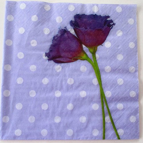 3 serviettes en papier décor fleur mauve et point blance - 33 x 33 cm - 3 plis