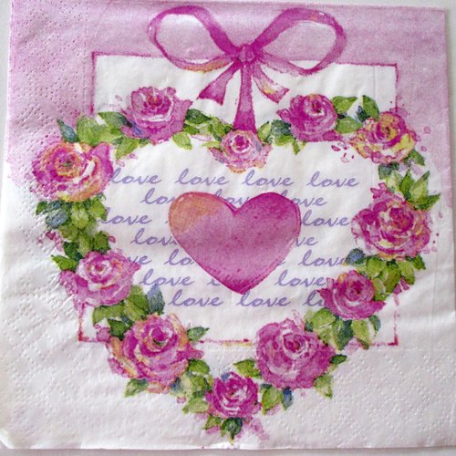 3 serviettes en papier avec dessin de coeurs en fleurs- 33 x 33cm 3 plis