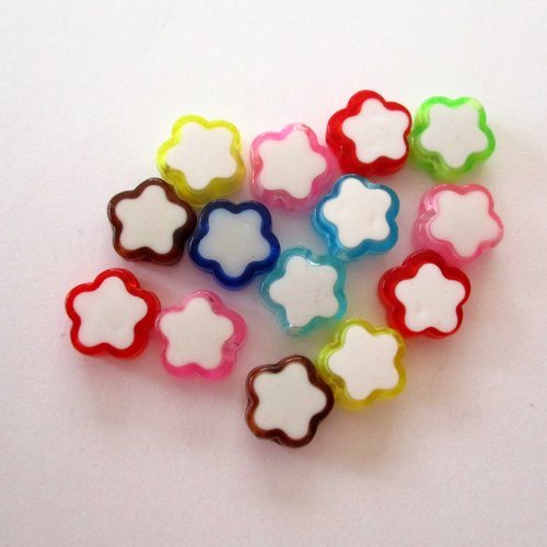 14 perles en plastique en forme de fleurs blanches et couleurs -  3475733