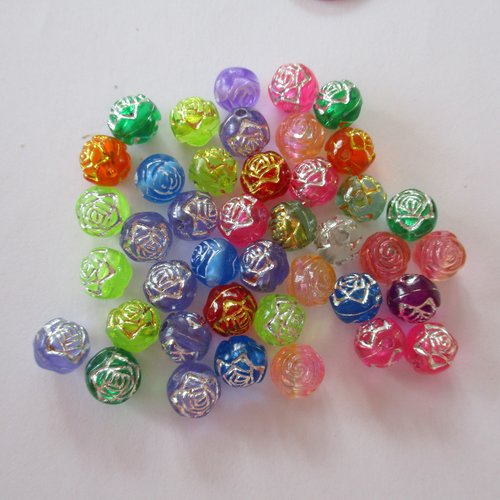 40 perles plastiques rondes avec dessin de fleur  - 8 mm - 3475734