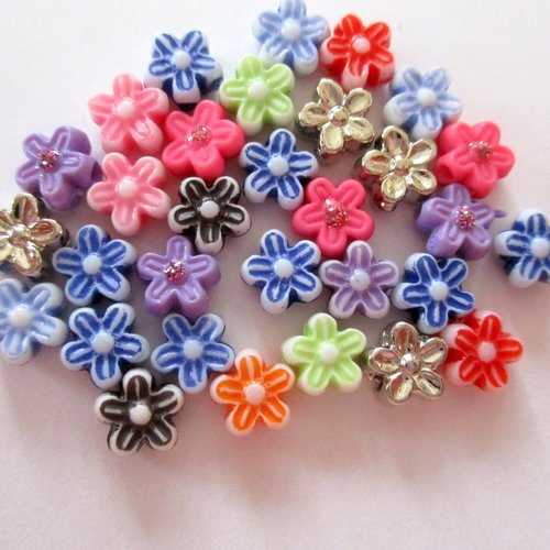 30 perles en plastique en forme de fleur de plusieurs couleurs - 6.5  mm - 3478107