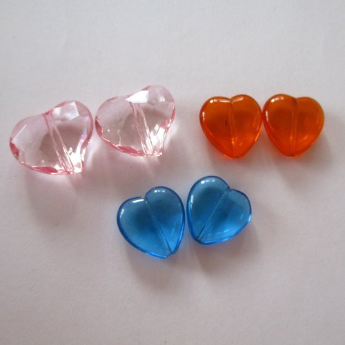 6 perles plastiques en forme de cœur en mélange de couleurs et de taille - 3486512