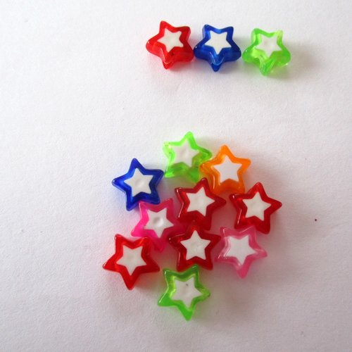 10 perles plastiques étoiles multicolore à cœur blanc - 3502621