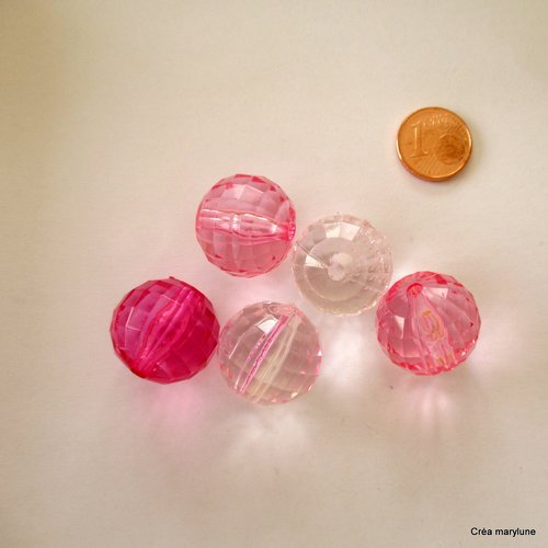 5 perles rondes en plastique à facettes de couleur rose - 19 mm - 3776580