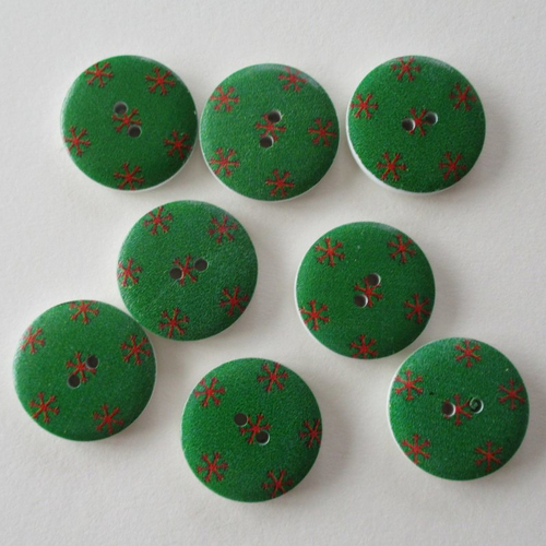 8 boutons en bois, rond, dessins rouge sur fond vert - 30 mm - 4046507