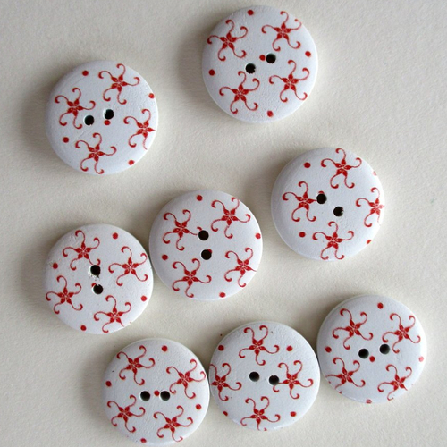 8 boutons en bois, rond, dessins rouge sur fond blanc - 30 mm - 4046509