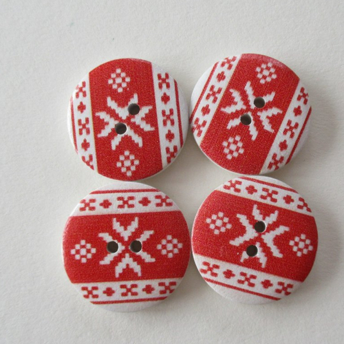 4 boutons en bois, rond, dessins rouges sur fond blanc - 30 mm - 4046510