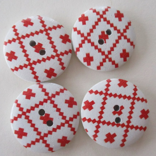 4 boutons en bois, rond, dessins rouges sur fond blanc - 30 mm - 4046512