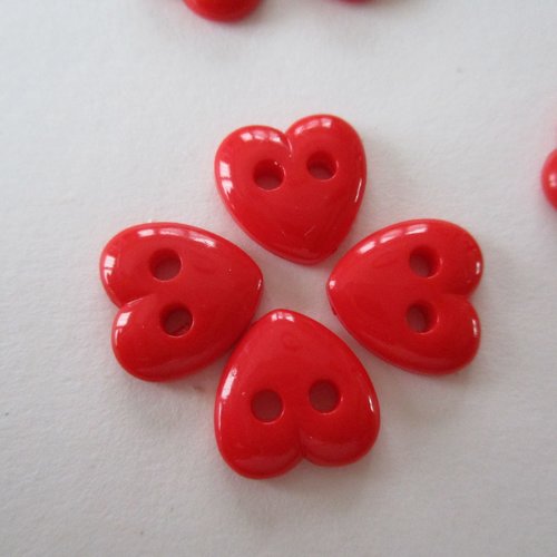 10 boutons plastique plats en forme de cœur rouge - 11.5 mm - 4051626