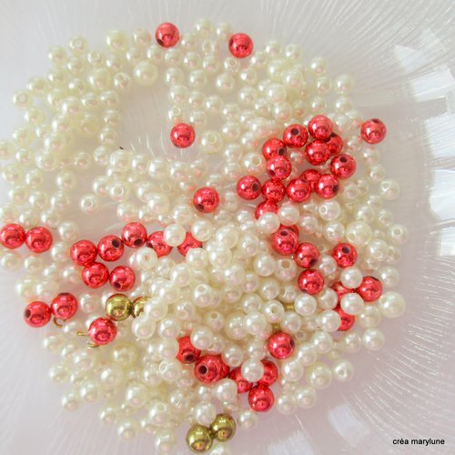 30 g perles rondes plastique en assortiment de couleur. blanc nacré, rouge brillant et doré - 4 mm - 4409074