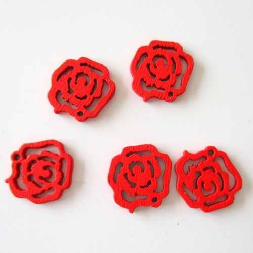 5  petites breloques en bois en forme de fleur rouge -  15 mm - 4624040