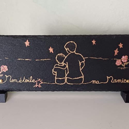 Plaque ardoise, gravure peinte, ornement,commémoration,hommage,décès,tombe