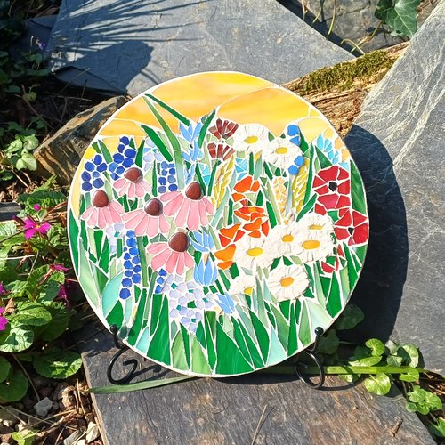 Plaque funéraire en mosaïque, ornement tombe à poser, motif fleurs