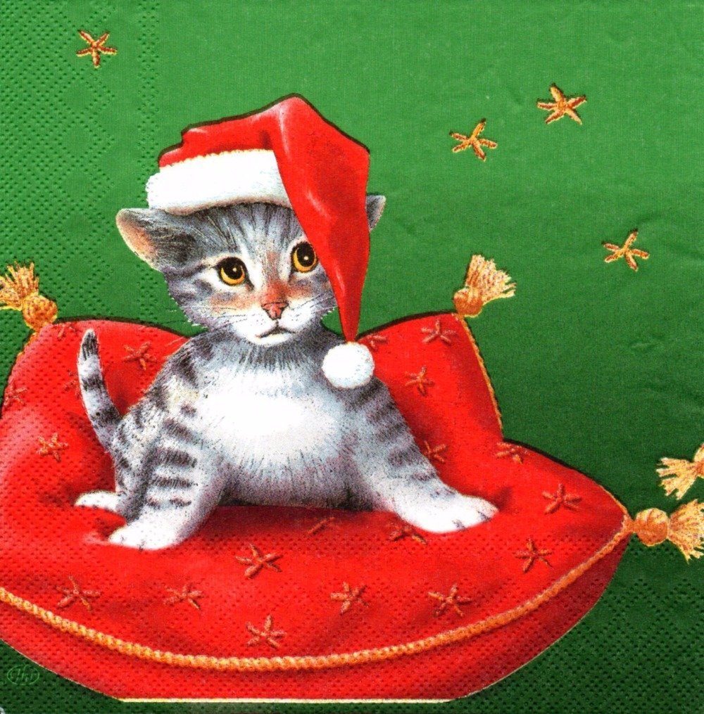 Serviette Chaton Sur Un Coussin Rouge Avec Bonnet De Noel 2 Motifs Differents Un Grand Marche