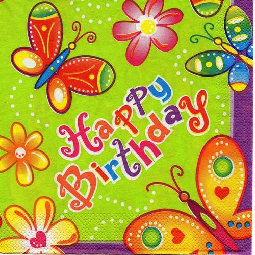 Serviette En Papier Happy Birthday Joyeux Anniversaire Avec Fleurs Et Papillons Un Grand Marche