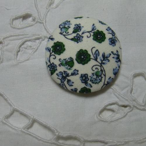  gros bouton 32mm recouvert de tissu " fleuri bleu/vert"