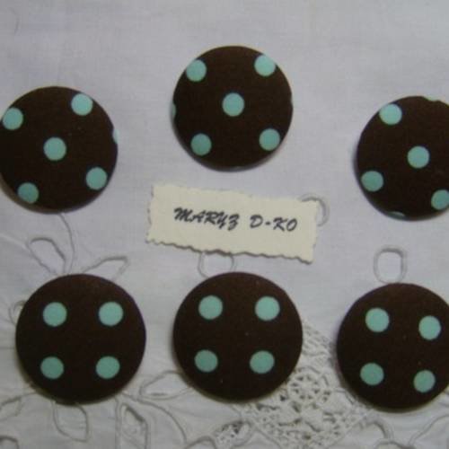 6 gros boutons assortis recouverts de tissu "pois bleus "  32mm