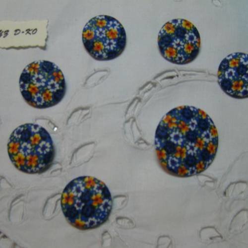 7 boutons recouverts de tissu " liberty  bleu /orange" 22 et 32mm