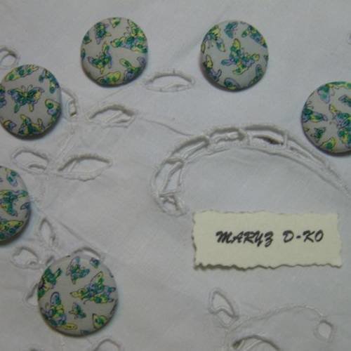 6 boutons recouverts de tissu "papillons bleu/vert"  22mm