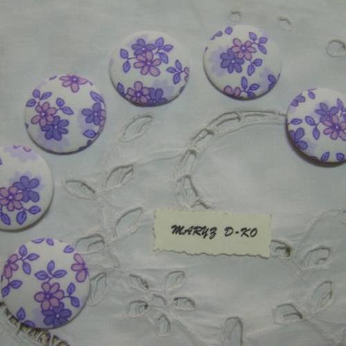 6 gros boutons tissu , à coller ," fleurs mauves" ,32mm