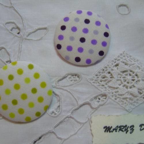 Duo boutons recouverts de tissu "petits pois violet/vert" 32mm