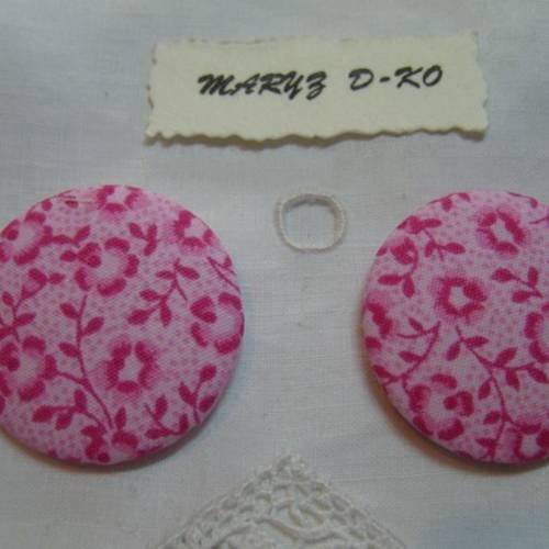 Duo boutons tissu "fleurs et feuillage rose" 32mm