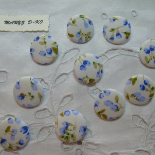 10  boutons  tissu "boutons de fleurs bleu" 22mm