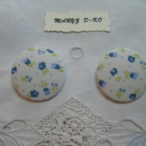 Duo boutons tissu "petites fleurs bleues" 32mm