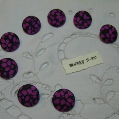 8  boutons tissu magnifique "feuillage rose fond noir" 22mm