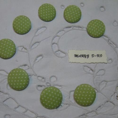 8  boutons tissu "petits pois blanc fond pistache" 22mm