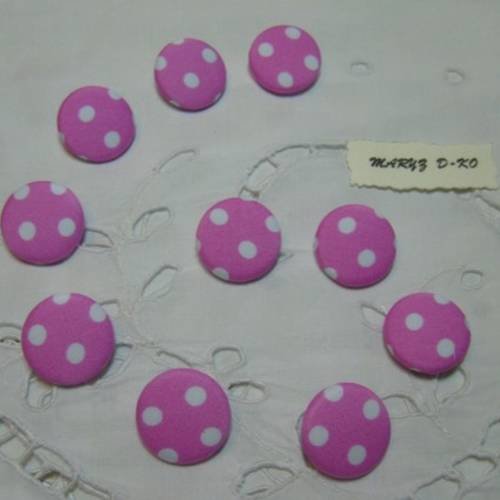 10  boutons tissu "gros pois blanc fond rose bonbon" 22mm
