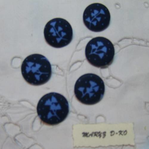 6  boutons tissu coton " fleurs bleues et pois " 22mm