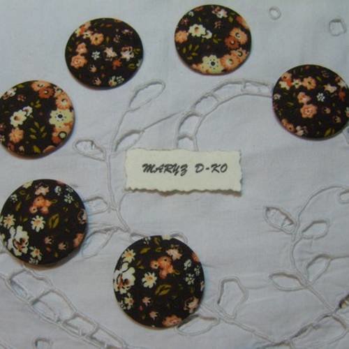 6  boutons à coller, tissu coton"marron fleurs saumon" 32mm