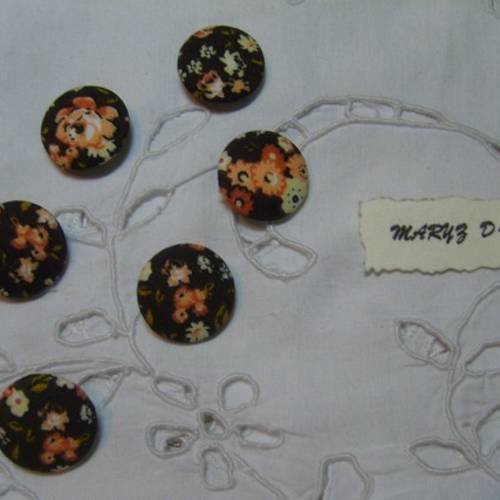6  boutons tissu coton " marron fleurs saumon " 20mm