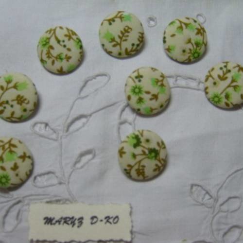 8  boutons tissu coton " feuillage et fleurs vertes " 22mm