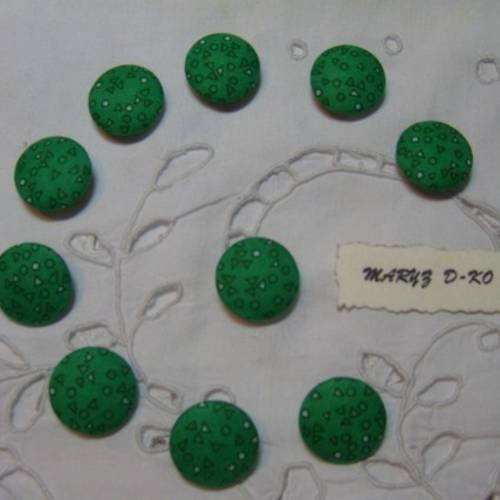 10  boutons tissu coton "vert triangles et ronds " 20mm