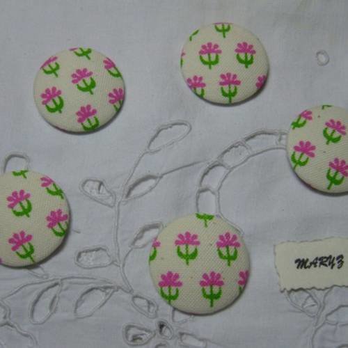 5  boutons à coller, tissu coton " fleurs roses " 32mm