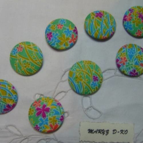 8  boutons recouverts de tissu " lagon fleuri  " 28mm