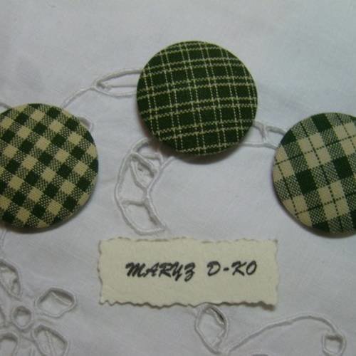 Cabochons tissu 32mm à carreaux vert 