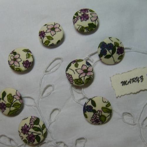 8  boutons tissu coton " feuillage et fleurs rose/écru " 20mm