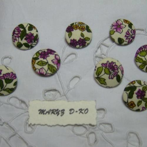 8  boutons tissu coton " feuillage et fleurs fuschia/écru " 20mm